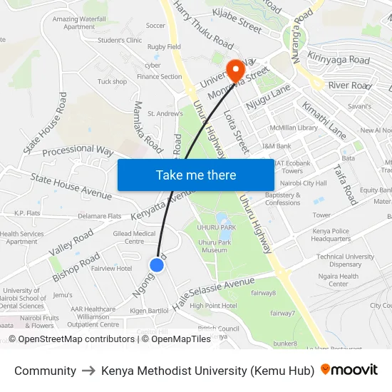 Community to Kenya Methodist University (Kemu Hub) map