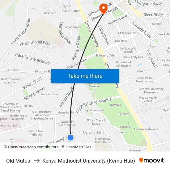 Old Mutual to Kenya Methodist University (Kemu Hub) map