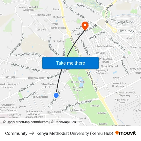 Community to Kenya Methodist University (Kemu Hub) map