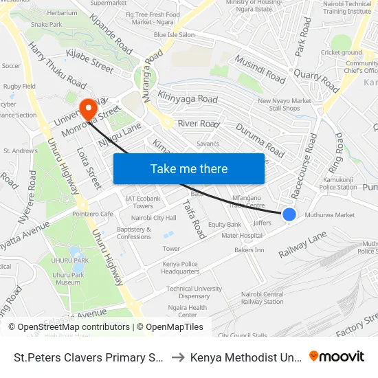St.Peters Clavers Primary School/Salvation Army/Otc to Kenya Methodist University (Kemu Hub) map
