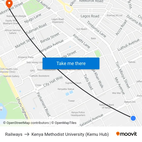 Railways to Kenya Methodist University (Kemu Hub) map