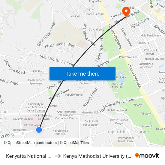 Kenyatta National Hospital to Kenya Methodist University (Kemu Hub) map