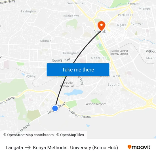 Langata to Kenya Methodist University (Kemu Hub) map