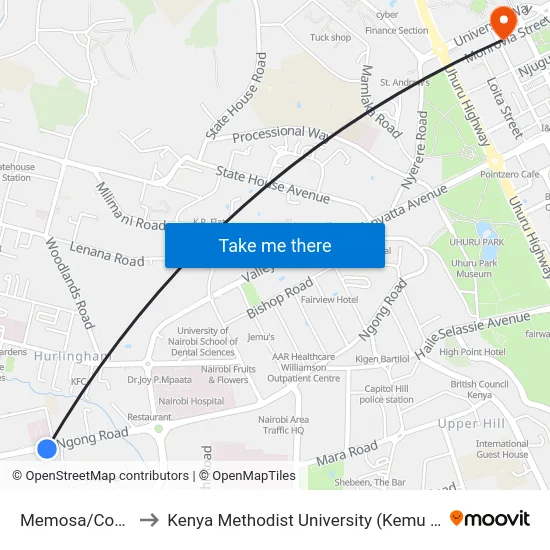 Memosa/Coptic to Kenya Methodist University (Kemu Hub) map