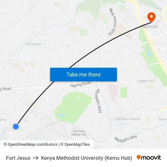 Fort Jesus to Kenya Methodist University (Kemu Hub) map