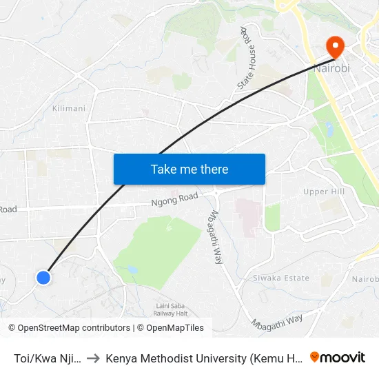 Toi/Kwa Njiru to Kenya Methodist University (Kemu Hub) map