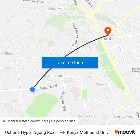 Uchumi Hyper Ngong Road/ Ngong Hills Hotel to Kenya Methodist University (Kemu Hub) map