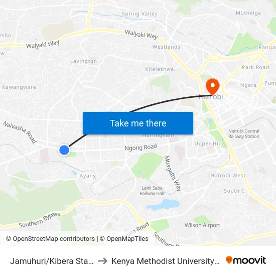 Jamuhuri/Kibera Station Road to Kenya Methodist University (Kemu Hub) map