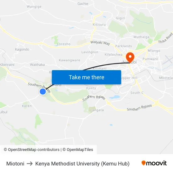 Miotoni to Kenya Methodist University (Kemu Hub) map