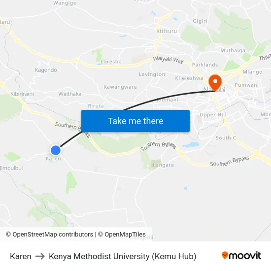 Karen to Kenya Methodist University (Kemu Hub) map