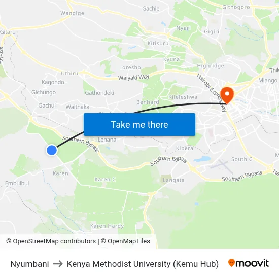 Nyumbani to Kenya Methodist University (Kemu Hub) map
