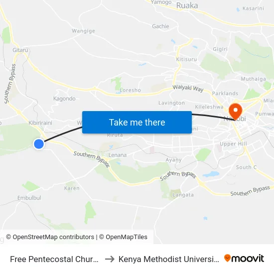 Free Pentecostal Church/Karen End to Kenya Methodist University (Kemu Hub) map