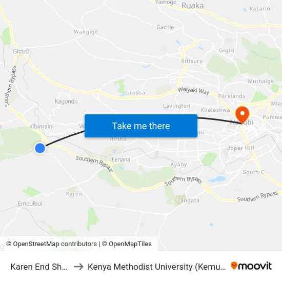 Karen End Shops to Kenya Methodist University (Kemu Hub) map
