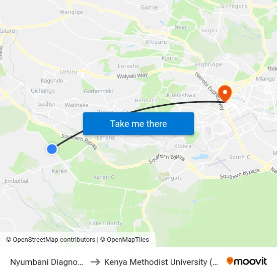 Nyumbani Diagnostic Lab to Kenya Methodist University (Kemu Hub) map