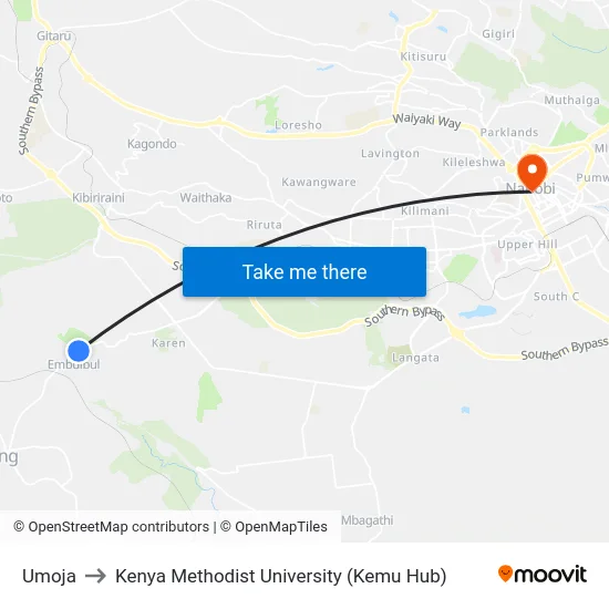 Umoja to Kenya Methodist University (Kemu Hub) map