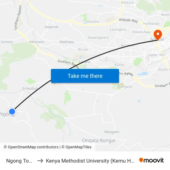 Ngong Town to Kenya Methodist University (Kemu Hub) map