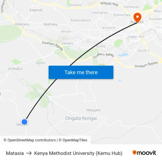 Matasia to Kenya Methodist University (Kemu Hub) map