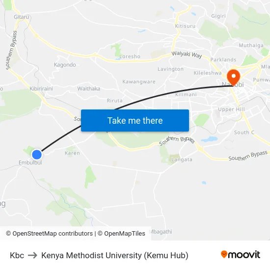 Kbc to Kenya Methodist University (Kemu Hub) map