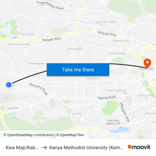 Kwa Maji/Kaberia to Kenya Methodist University (Kemu Hub) map