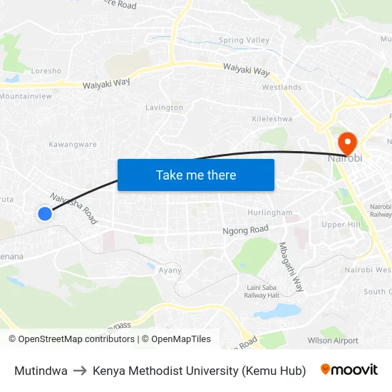 Mutindwa to Kenya Methodist University (Kemu Hub) map