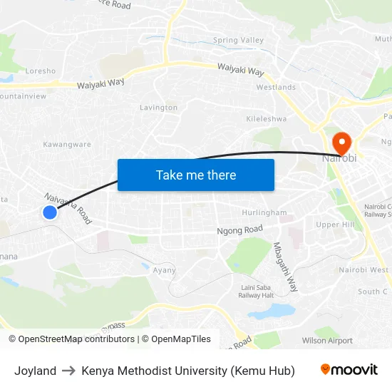 Joyland to Kenya Methodist University (Kemu Hub) map