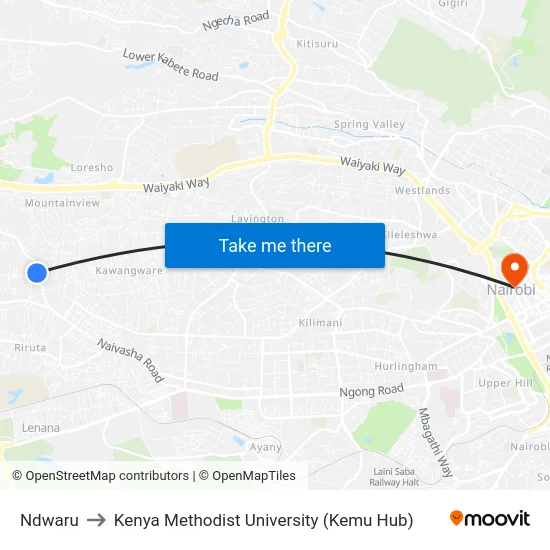 Ndwaru to Kenya Methodist University (Kemu Hub) map