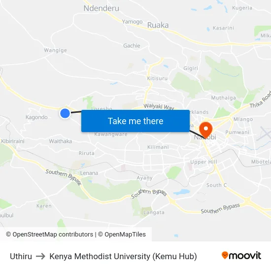 Uthiru to Kenya Methodist University (Kemu Hub) map