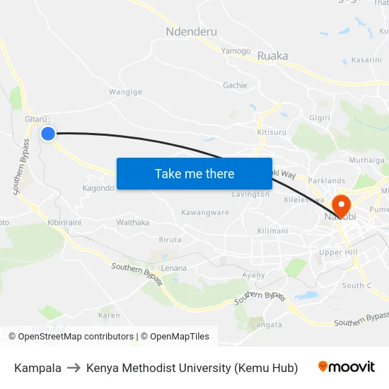 Kampala to Kenya Methodist University (Kemu Hub) map