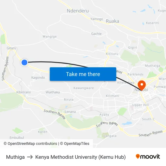 Muthiga to Kenya Methodist University (Kemu Hub) map