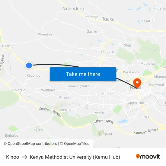 Kinoo to Kenya Methodist University (Kemu Hub) map