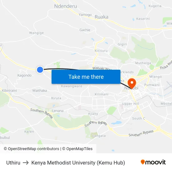 Uthiru to Kenya Methodist University (Kemu Hub) map