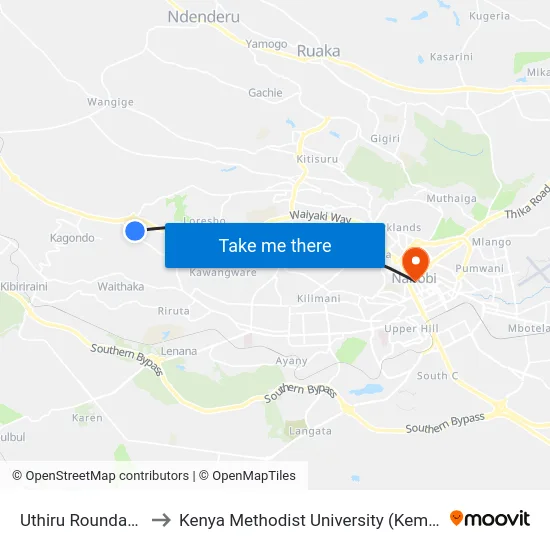 Uthiru Roundabout to Kenya Methodist University (Kemu Hub) map