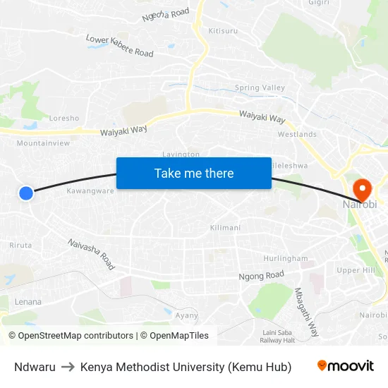 Ndwaru to Kenya Methodist University (Kemu Hub) map