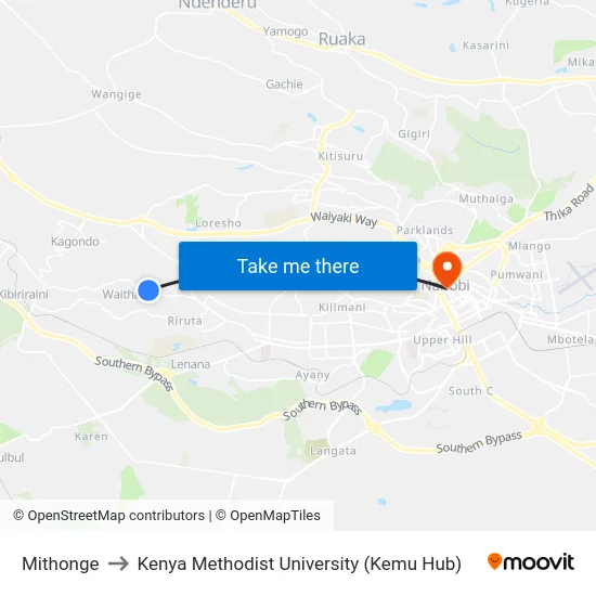 Mithonge to Kenya Methodist University (Kemu Hub) map