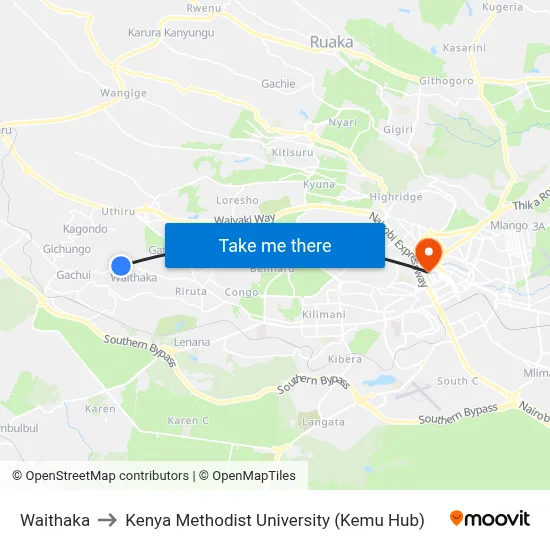 Waithaka to Kenya Methodist University (Kemu Hub) map