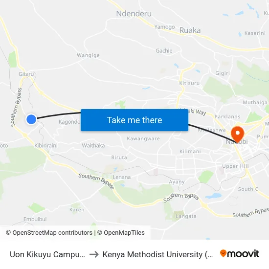 Uon Kikuyu Campus Stage to Kenya Methodist University (Kemu Hub) map
