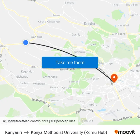 Kanyariri to Kenya Methodist University (Kemu Hub) map