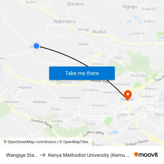 Wangige Stage to Kenya Methodist University (Kemu Hub) map