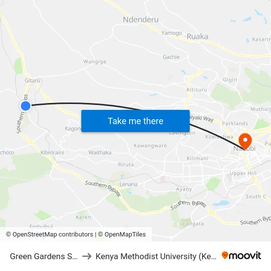 Green Gardens School to Kenya Methodist University (Kemu Hub) map
