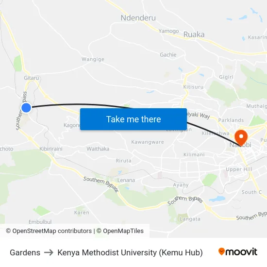 Gardens to Kenya Methodist University (Kemu Hub) map