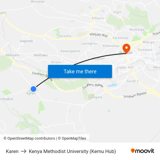 Karen to Kenya Methodist University (Kemu Hub) map