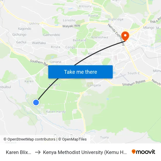 Karen Blixen to Kenya Methodist University (Kemu Hub) map