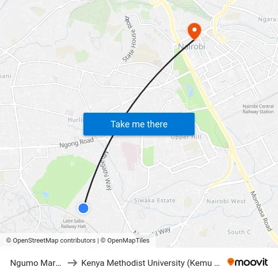 Ngumo Market to Kenya Methodist University (Kemu Hub) map