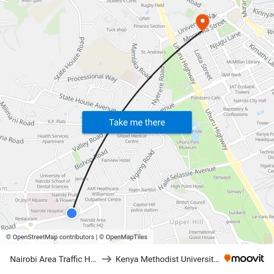 Nairobi Area Traffic Headquarters to Kenya Methodist University (Kemu Hub) map