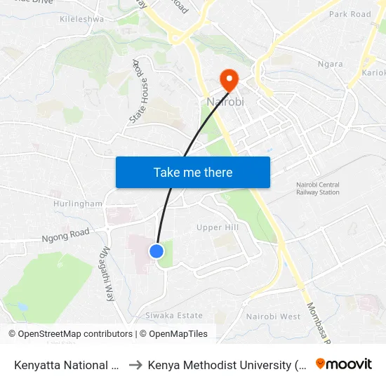 Kenyatta National Hospital to Kenya Methodist University (Kemu Hub) map