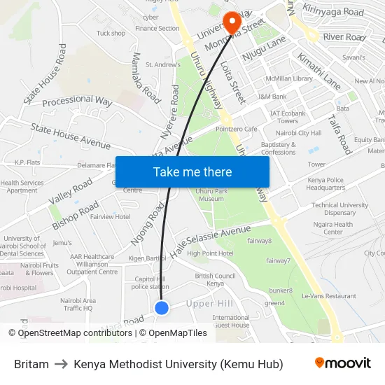 Britam to Kenya Methodist University (Kemu Hub) map