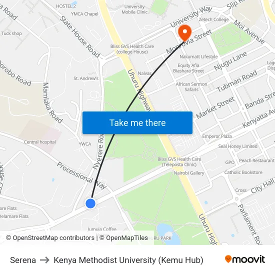 Serena to Kenya Methodist University (Kemu Hub) map