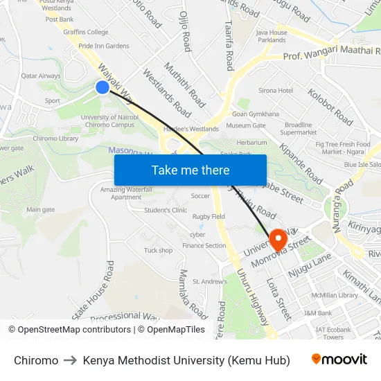 Chiromo to Kenya Methodist University (Kemu Hub) map