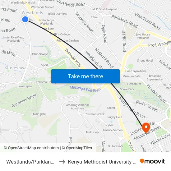 Westlands/Parklands Baptist to Kenya Methodist University (Kemu Hub) map