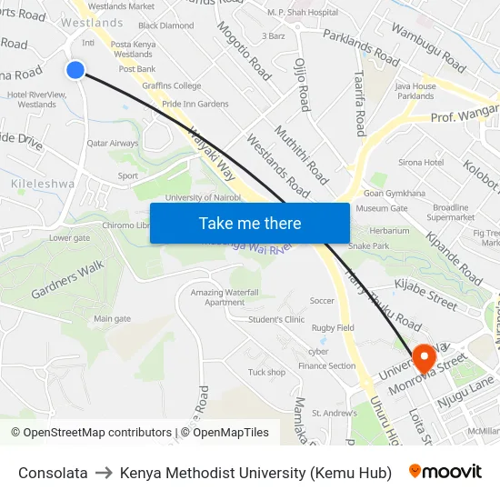 Consolata to Kenya Methodist University (Kemu Hub) map